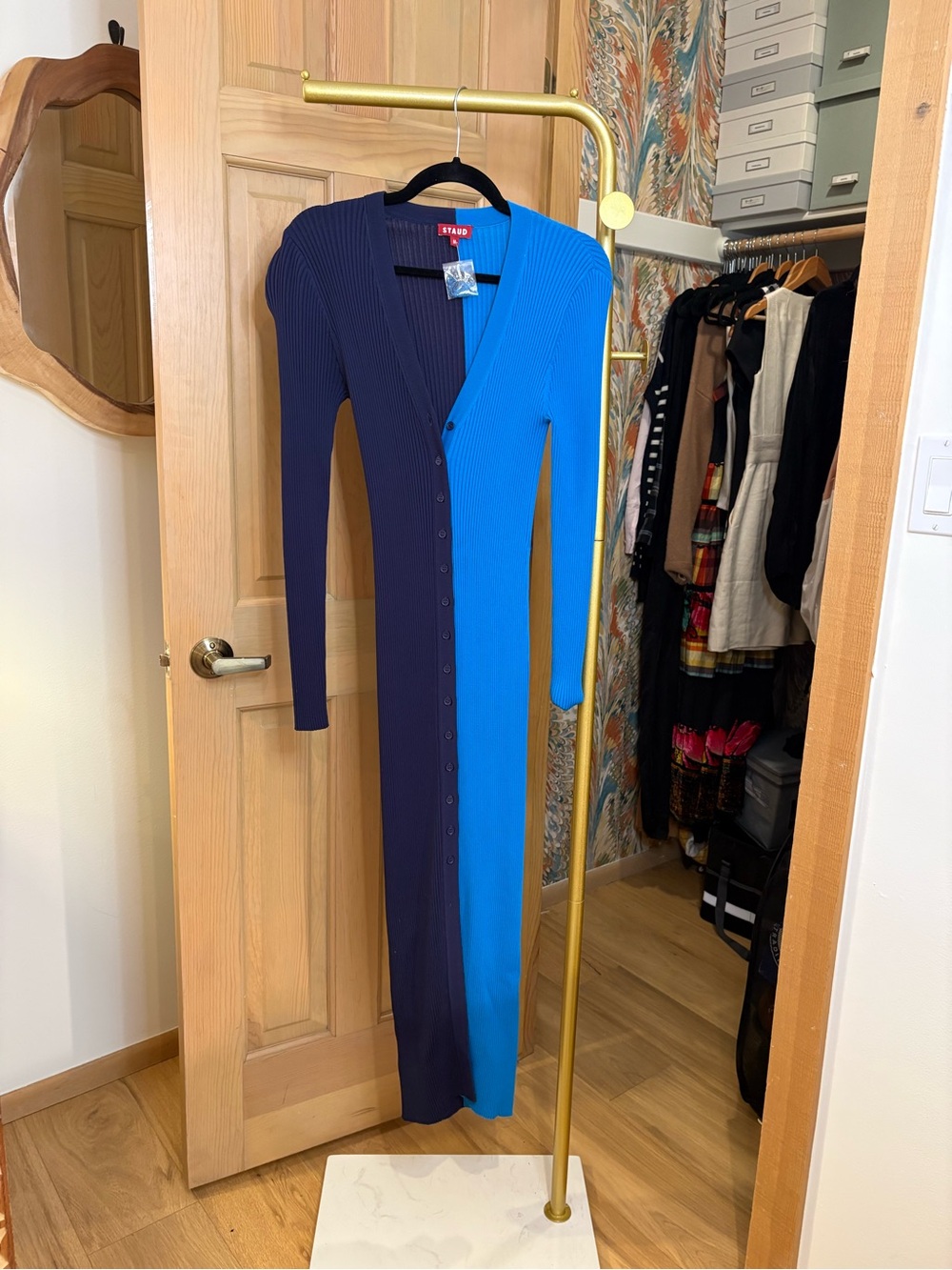 STAUD Two-Tone Navy and Bright Blue Ribbed Button-Front Dress